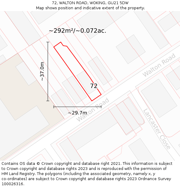 72, WALTON ROAD, WOKING, GU21 5DW: Plot and title map