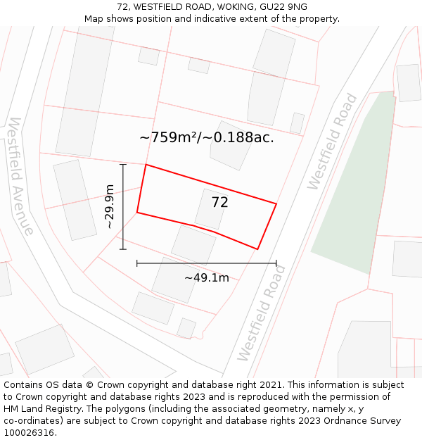 72, WESTFIELD ROAD, WOKING, GU22 9NG: Plot and title map