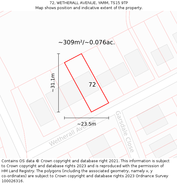72, WETHERALL AVENUE, YARM, TS15 9TP: Plot and title map