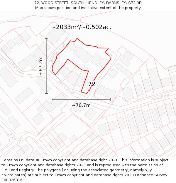 72, WOOD STREET, SOUTH HIENDLEY, BARNSLEY, S72 9BJ: Plot and title map