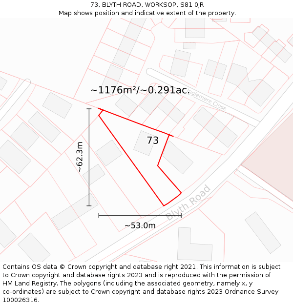 73, BLYTH ROAD, WORKSOP, S81 0JR: Plot and title map