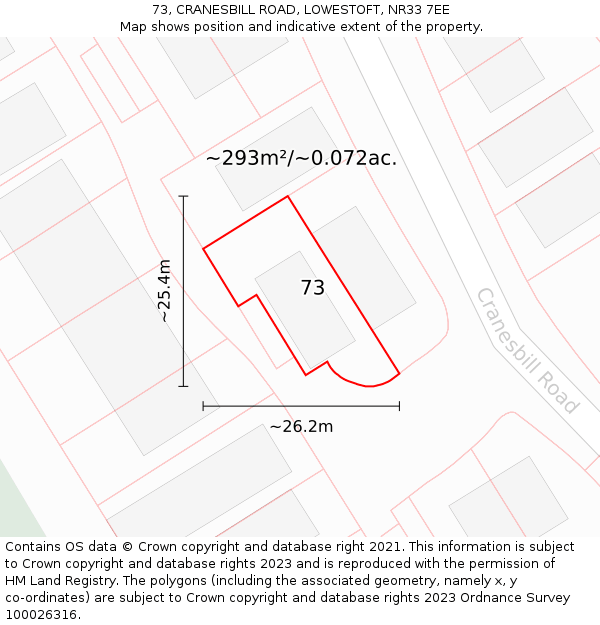 73, CRANESBILL ROAD, LOWESTOFT, NR33 7EE: Plot and title map