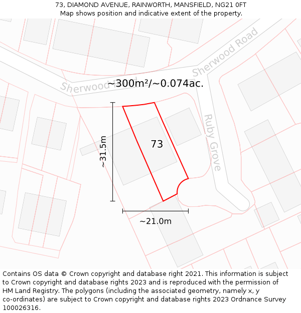 73, DIAMOND AVENUE, RAINWORTH, MANSFIELD, NG21 0FT: Plot and title map