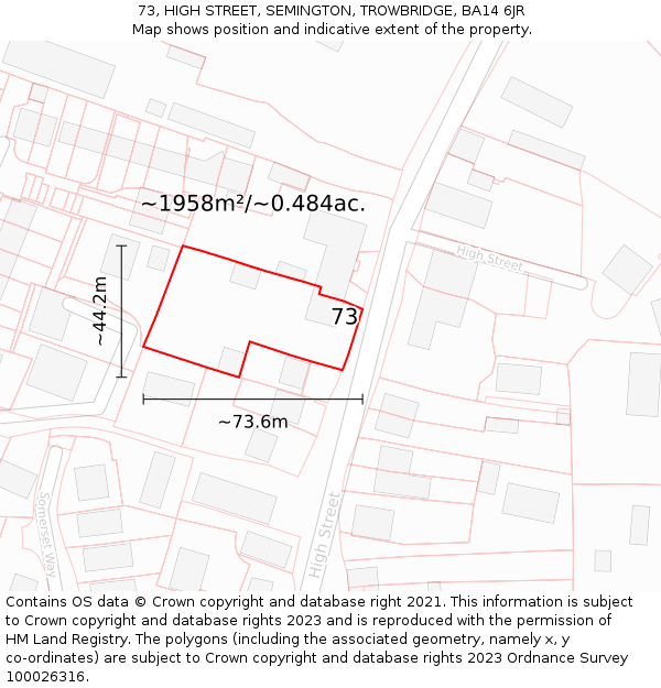 73, HIGH STREET, SEMINGTON, TROWBRIDGE, BA14 6JR: Plot and title map