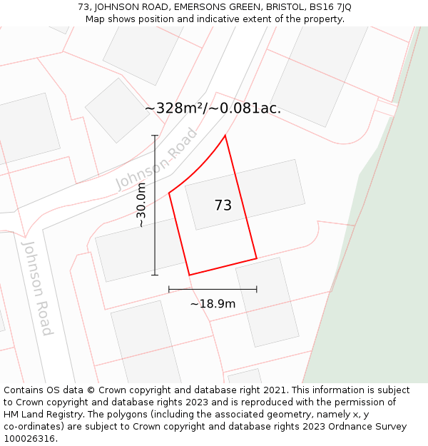 73, JOHNSON ROAD, EMERSONS GREEN, BRISTOL, BS16 7JQ: Plot and title map