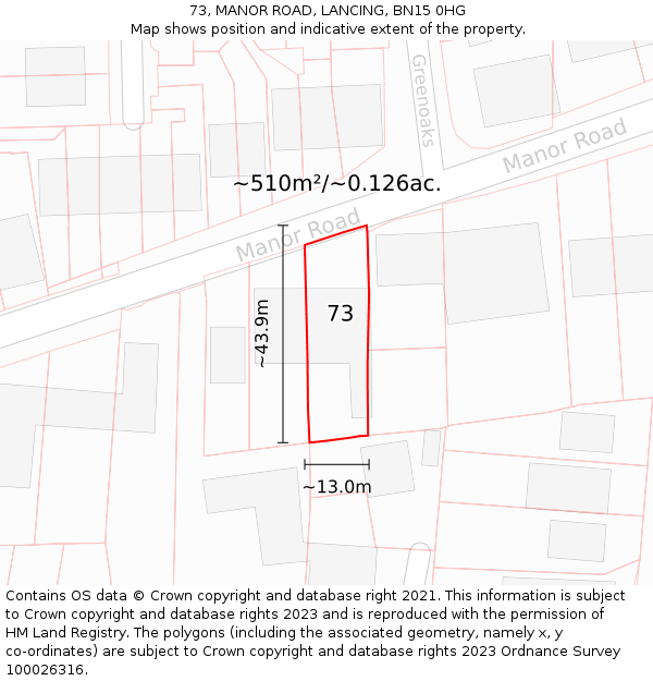 73, MANOR ROAD, LANCING, BN15 0HG: Plot and title map