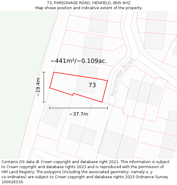 73, PARSONAGE ROAD, HENFIELD, BN5 9HZ: Plot and title map