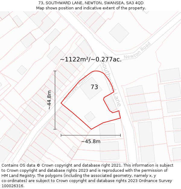 73, SOUTHWARD LANE, NEWTON, SWANSEA, SA3 4QD: Plot and title map