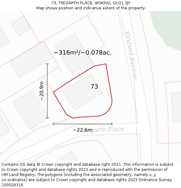 73, TREGARTH PLACE, WOKING, GU21 3JY: Plot and title map