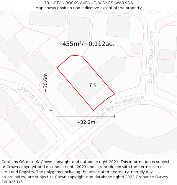 73, UPTON ROCKS AVENUE, WIDNES, WA8 9DA: Plot and title map