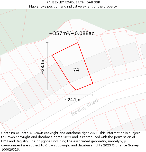 74, BEXLEY ROAD, ERITH, DA8 3SP: Plot and title map