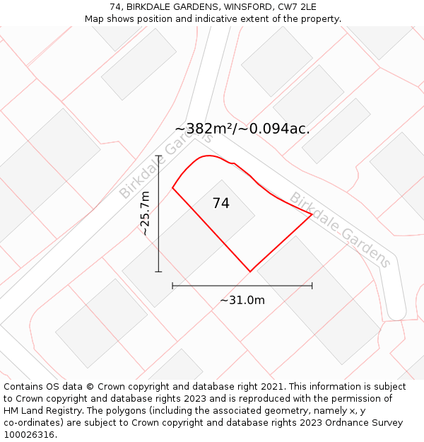 74, BIRKDALE GARDENS, WINSFORD, CW7 2LE: Plot and title map