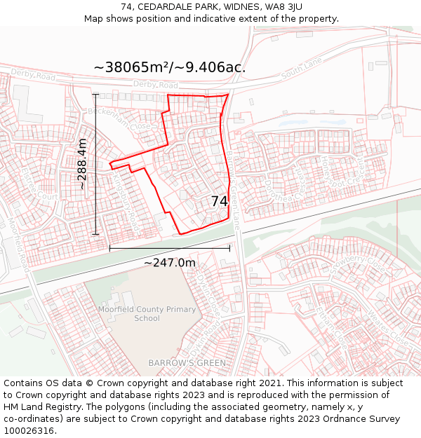 74, CEDARDALE PARK, WIDNES, WA8 3JU: Plot and title map