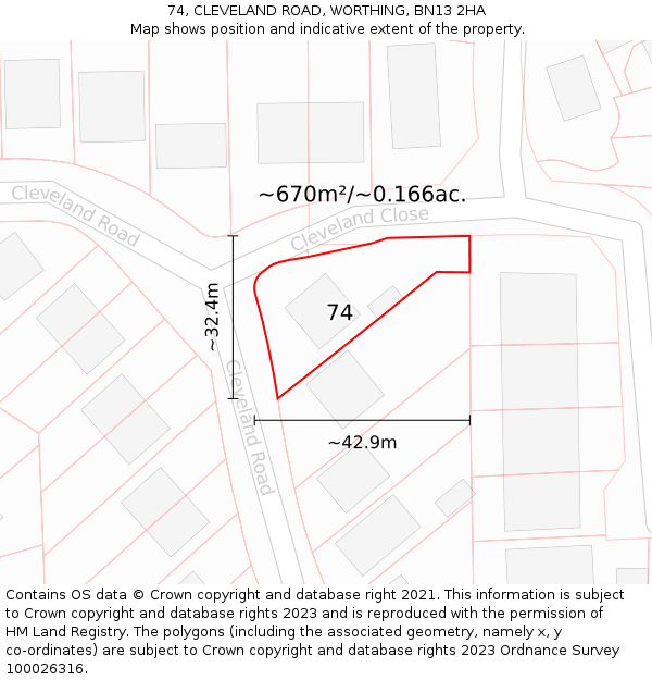 74, CLEVELAND ROAD, WORTHING, BN13 2HA: Plot and title map