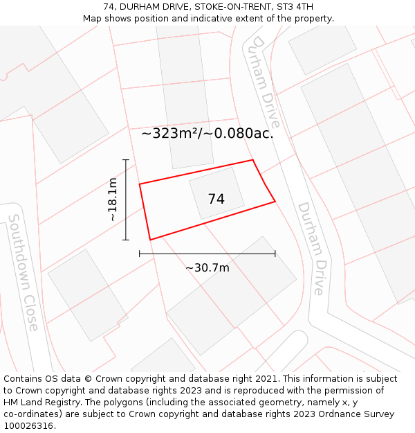 74, DURHAM DRIVE, STOKE-ON-TRENT, ST3 4TH: Plot and title map