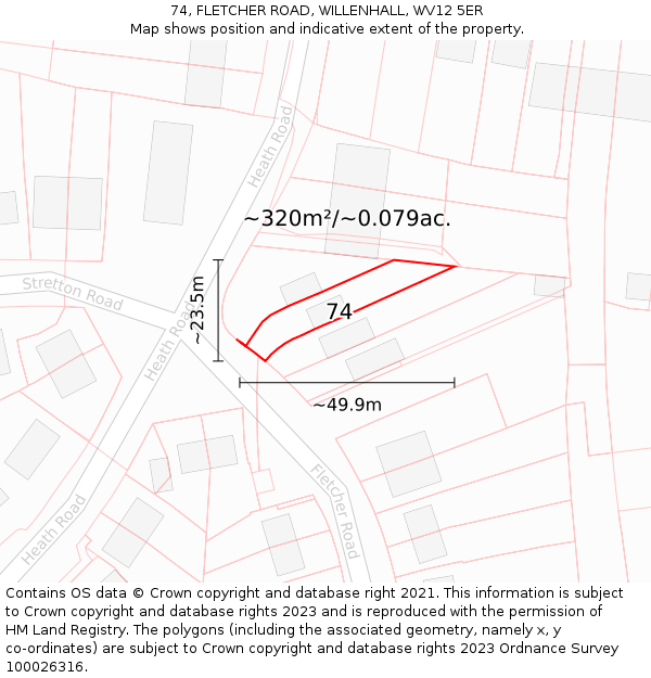 74, FLETCHER ROAD, WILLENHALL, WV12 5ER: Plot and title map