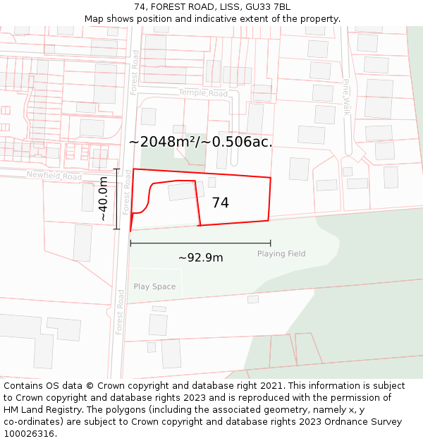 74, FOREST ROAD, LISS, GU33 7BL: Plot and title map