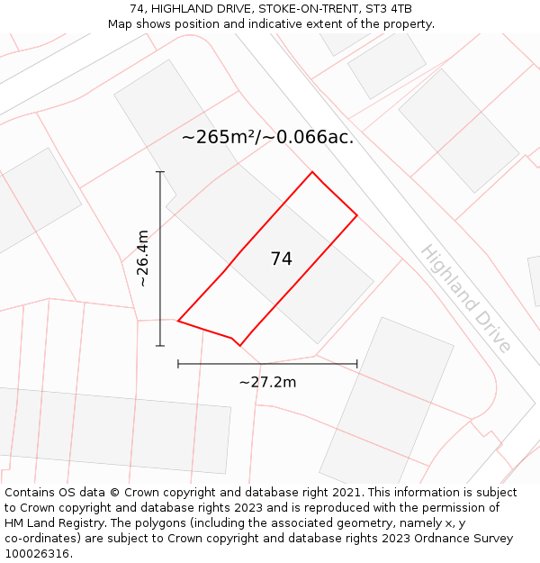 74, HIGHLAND DRIVE, STOKE-ON-TRENT, ST3 4TB: Plot and title map