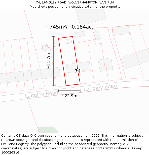 74, LANGLEY ROAD, WOLVERHAMPTON, WV3 7LH: Plot and title map