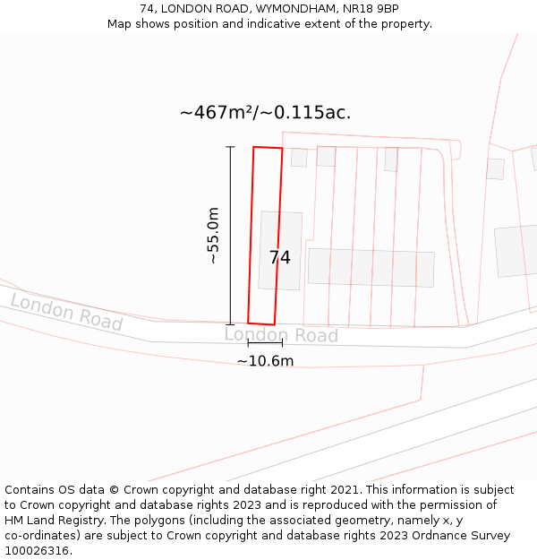 74, LONDON ROAD, WYMONDHAM, NR18 9BP: Plot and title map