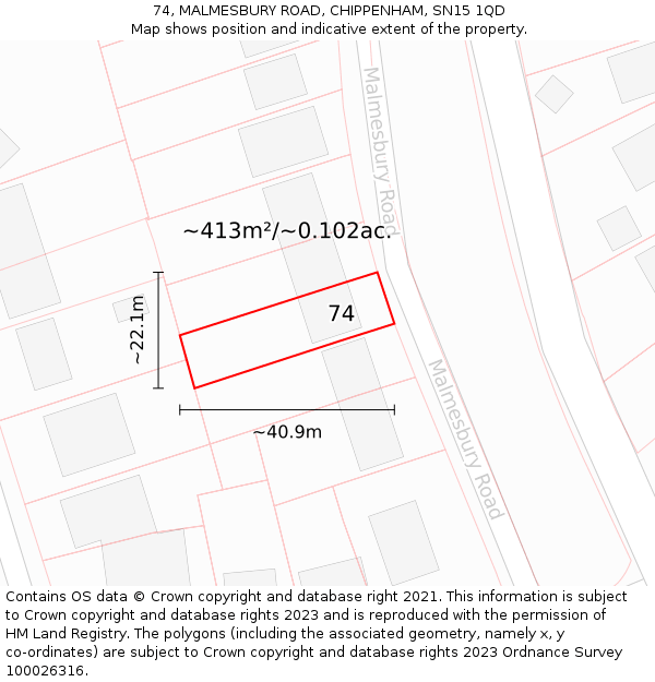 74, MALMESBURY ROAD, CHIPPENHAM, SN15 1QD: Plot and title map