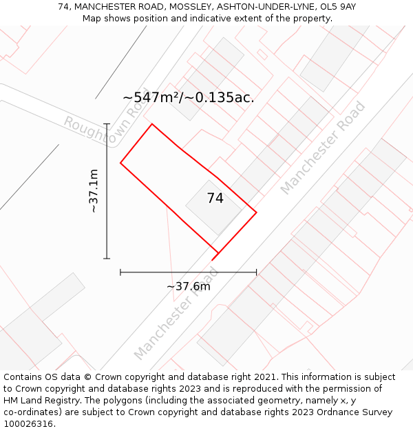 74, MANCHESTER ROAD, MOSSLEY, ASHTON-UNDER-LYNE, OL5 9AY: Plot and title map