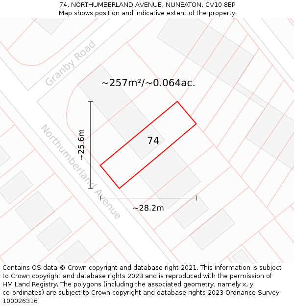 74, NORTHUMBERLAND AVENUE, NUNEATON, CV10 8EP: Plot and title map