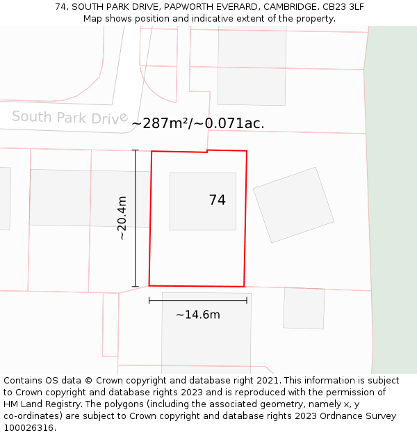 74, SOUTH PARK DRIVE, PAPWORTH EVERARD, CAMBRIDGE, CB23 3LF: Plot and title map