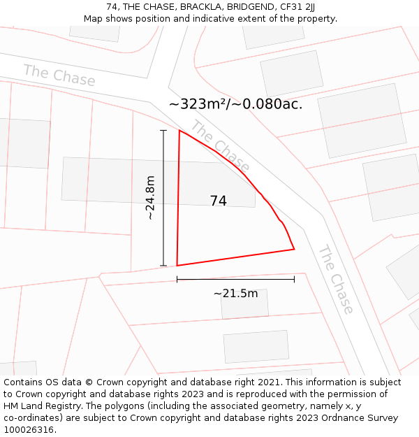 74, THE CHASE, BRACKLA, BRIDGEND, CF31 2JJ: Plot and title map