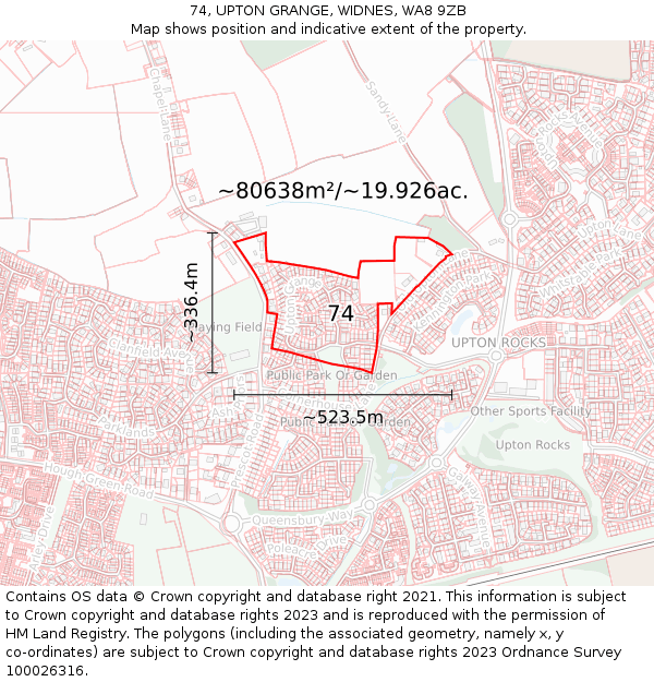 74, UPTON GRANGE, WIDNES, WA8 9ZB: Plot and title map