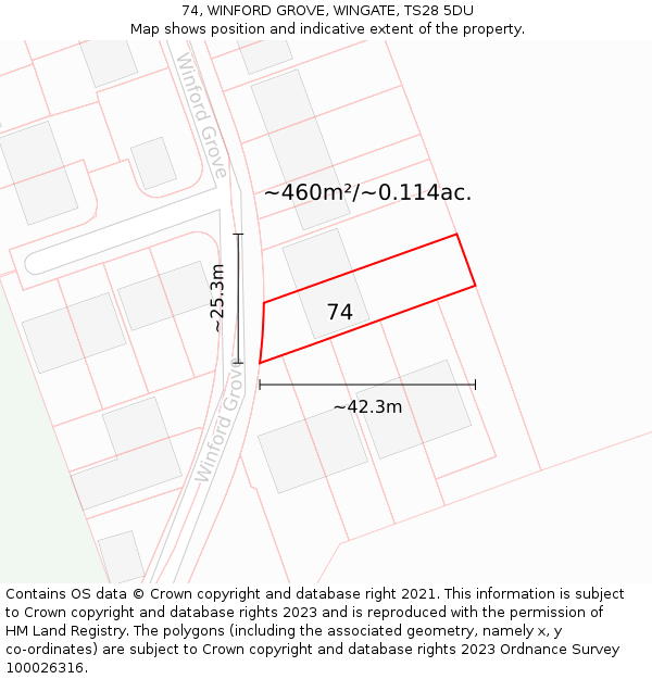 74, WINFORD GROVE, WINGATE, TS28 5DU: Plot and title map