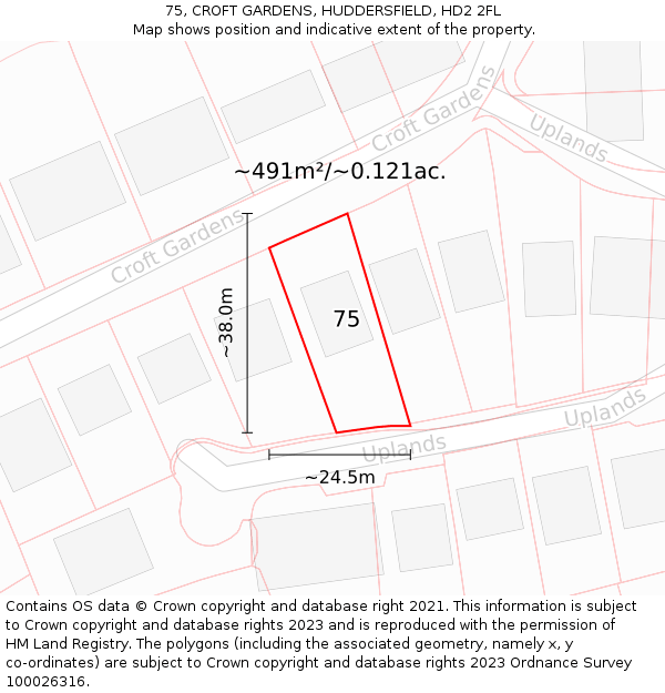 75, CROFT GARDENS, HUDDERSFIELD, HD2 2FL: Plot and title map