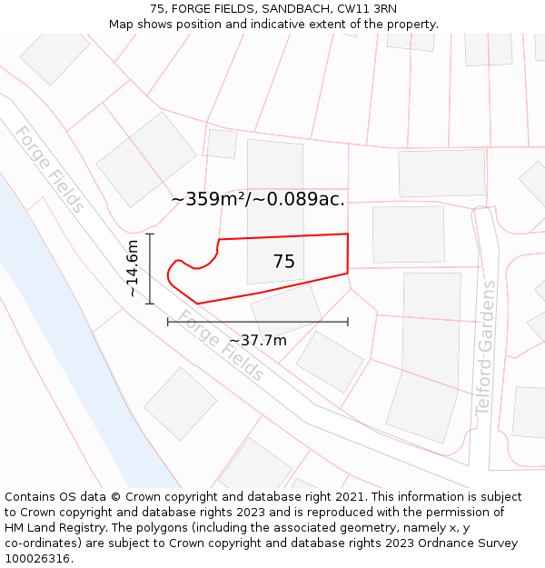 75, FORGE FIELDS, SANDBACH, CW11 3RN: Plot and title map