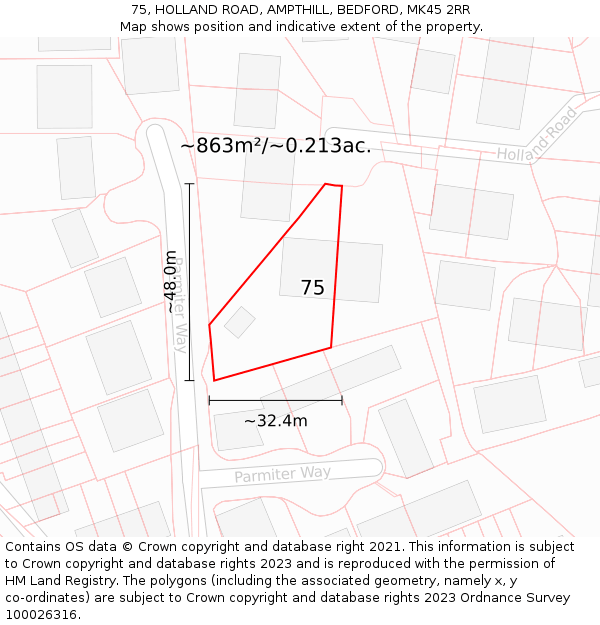 75, HOLLAND ROAD, AMPTHILL, BEDFORD, MK45 2RR: Plot and title map