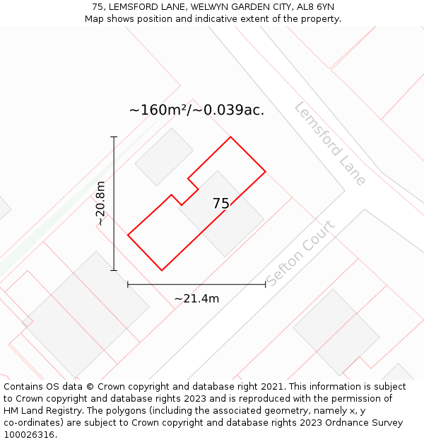 75, LEMSFORD LANE, WELWYN GARDEN CITY, AL8 6YN: Plot and title map