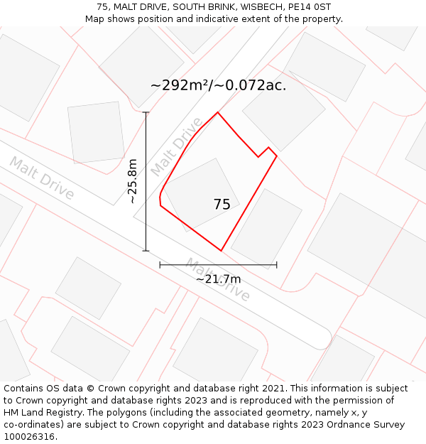 75, MALT DRIVE, SOUTH BRINK, WISBECH, PE14 0ST: Plot and title map