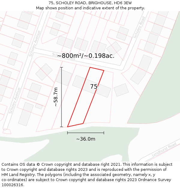 75, SCHOLEY ROAD, BRIGHOUSE, HD6 3EW: Plot and title map