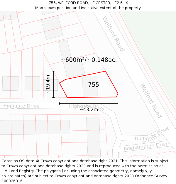 755, WELFORD ROAD, LEICESTER, LE2 6HX: Plot and title map