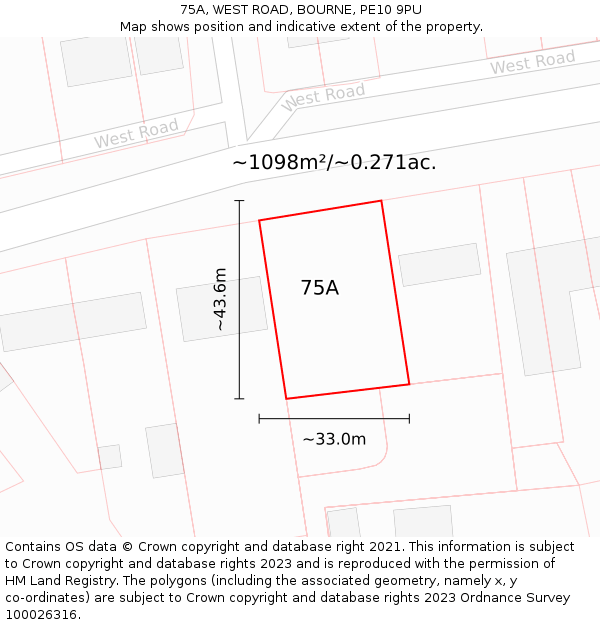 75A, WEST ROAD, BOURNE, PE10 9PU: Plot and title map
