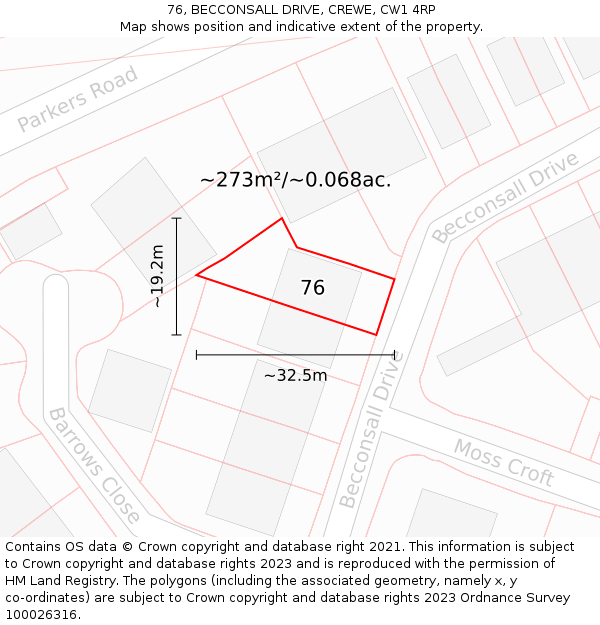 76, BECCONSALL DRIVE, CREWE, CW1 4RP: Plot and title map