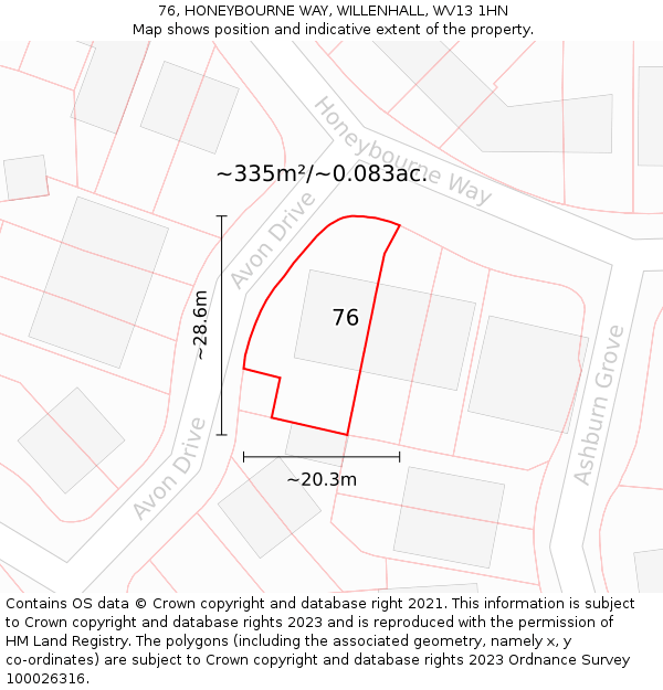 76, HONEYBOURNE WAY, WILLENHALL, WV13 1HN: Plot and title map