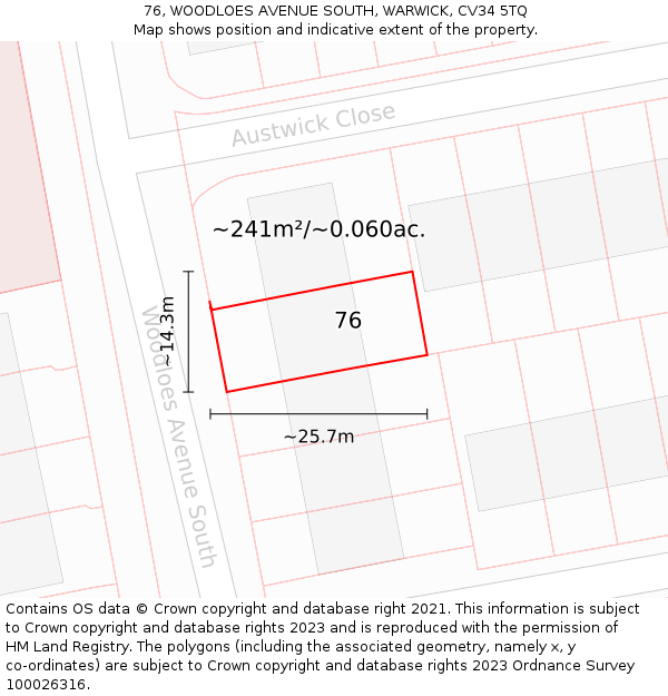 76, WOODLOES AVENUE SOUTH, WARWICK, CV34 5TQ: Plot and title map