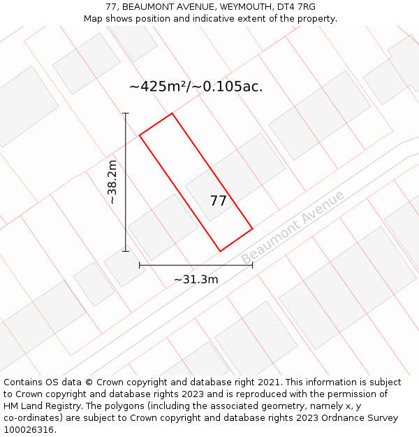 77, BEAUMONT AVENUE, WEYMOUTH, DT4 7RG: Plot and title map