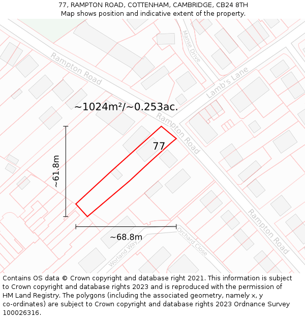 77, RAMPTON ROAD, COTTENHAM, CAMBRIDGE, CB24 8TH: Plot and title map