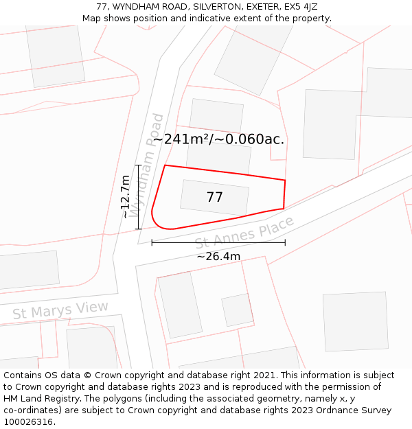 77, WYNDHAM ROAD, SILVERTON, EXETER, EX5 4JZ: Plot and title map