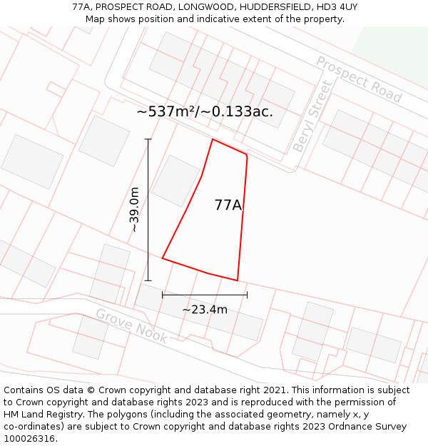 77A, PROSPECT ROAD, LONGWOOD, HUDDERSFIELD, HD3 4UY: Plot and title map