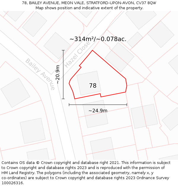 78, BAILEY AVENUE, MEON VALE, STRATFORD-UPON-AVON, CV37 8QW: Plot and title map