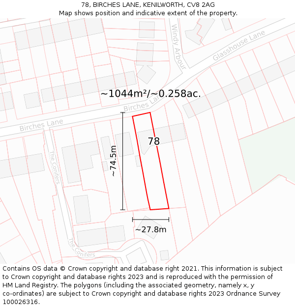 78, BIRCHES LANE, KENILWORTH, CV8 2AG: Plot and title map