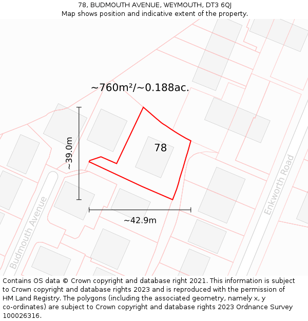 78, BUDMOUTH AVENUE, WEYMOUTH, DT3 6QJ: Plot and title map