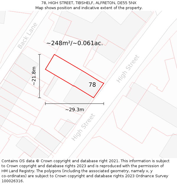 78, HIGH STREET, TIBSHELF, ALFRETON, DE55 5NX: Plot and title map